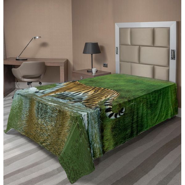 Abakuhaus Lenzuolo Safari, Tigre Siberiana Panthera Tigris Altaica Nel Lago Verde Acqua Fiume Animali Selvatici, Lenzuolo Morbido E Confortevole Per Un Letto Decorativo 1 Pezzo 190 Cm X 100 Cm, Verde Albicocca-image