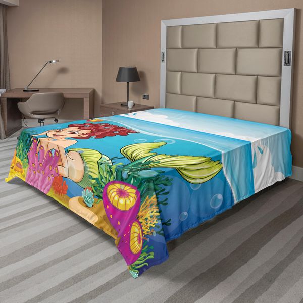 Abakuhaus Lenzuolo Subacqueo, Illustrazione Di Una Sirena Sorridente Sotto L'isola Di Palme Del Giardino Marino, Lenzuolo Morbido E Confortevole Per Un Letto Decorativo, 1 Pezzo, 266 Cm X 260 Cm, Multicolore-image
