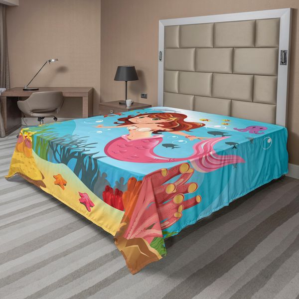 Abakuhaus Lenzuolo Subacqueo, Sirena Fatata, Il Mondo Sottomarino Sorride, Tema Sorridente E Simpatico, Morbido E Confortevole Lenzuolo Superiore Per Un Letto Decorativo 1 Pezzo 244 Cm X 205 Cm, Multicolore-image