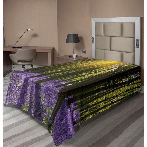 Abakuhaus Lenzuolo Da Letto Bosco, Tema Primavera Raggi Di Sole Campanule Nel Bosco Alberi Natura Motivo Fotografico, Lenzuolo Morbido E Confortevole Per Un Letto Decorativo 1 Pezzo 260 Cm X 168 Cm, Viola Verde Giallo-image