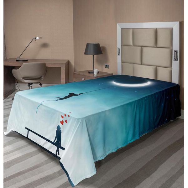 Abakuhaus Lenzuolo Fantasia, Ragazzo Che Raggiunge La Luna Con Una Corda E Ragazza Su Una Panchina, Amore, Romanticismo, Fantasia, Morbido E Confortevole Lenzuolo Superiore Per Un Letto Decorativo, 1 Pezzo, 260 Cm X 168 Cm, Verde Acqua E Bianco-image