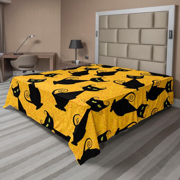 Abakuhaus Lenzuolo Vintage, Motivo Gatti Neri Per Halloween Su Sfondo Arancione - Motivi Grafici Festivi, Lenzuolo Morbido E Confortevole Per Un Letto Decorativo 1 Pezzo 260 Cm X 228 Cm, Nero Arancione-image