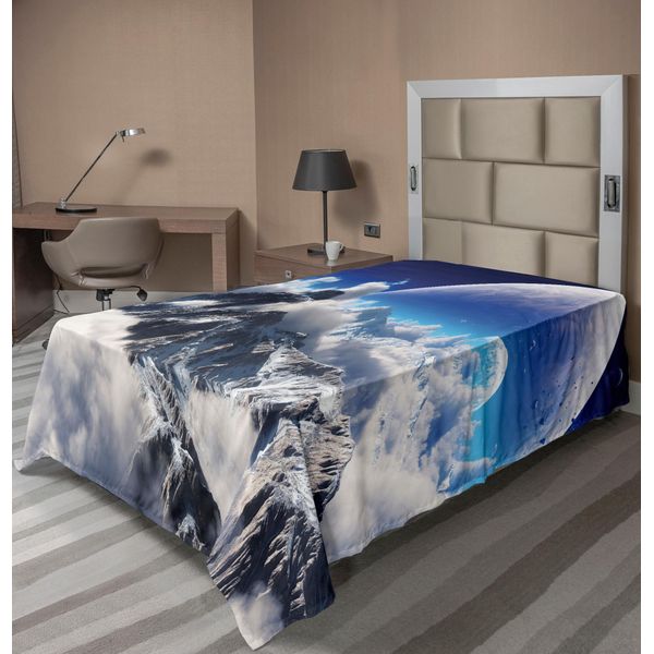 Abakuhaus Lenzuolo Fantasia, Stampa Celestiale Di Montagne Innevate E Pianeta, Lenzuolo Morbido E Confortevole Per Un Letto Decorativo 1 Pezzo 260 Cm X 168 Cm, Bianco E Blu Navy-image