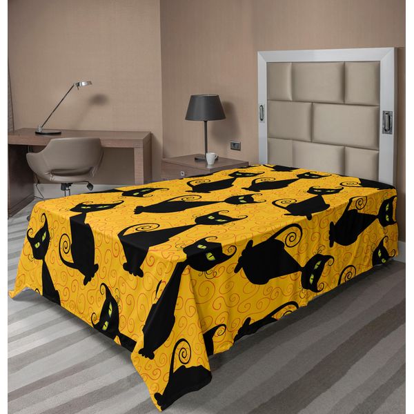 Abakuhaus Lenzuolo Vintage, Motivo Gatti Neri Per Halloween Su Sfondo Arancione - Motivi Grafici Festivi, Lenzuolo Morbido E Confortevole Per Un Letto Decorativo 1 Pezzo 260 Cm X 168 Cm, Nero Arancione-image