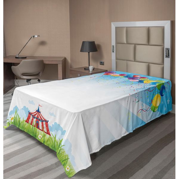Abakuhaus Lenzuolo Da Letto Circus, Circus Under The Clear Sky With Bundle Balloons Wildflowers Grassland Travelling, Morbido E Confortevole Lenzuolo Superiore Per Un Letto Decorativo 1 Pezzo 260 Cm X 168 Cm, Multicolore-image