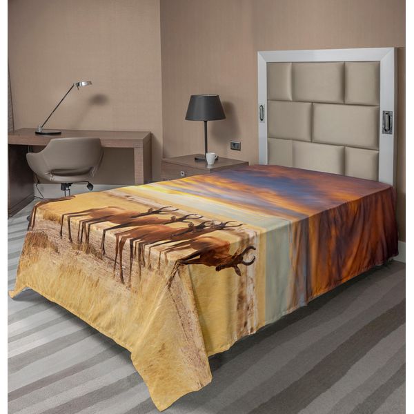 Abakuhaus Lenzuolo Safari, Antilopi Prato Animali Savane Tropicali Esotiche Tramonto, Lenzuolo Morbido E Confortevole Per Un Letto Decorativo 1 Pezzo 260 Cm X 168 Cm, Giallo Rosso Marrone-image
