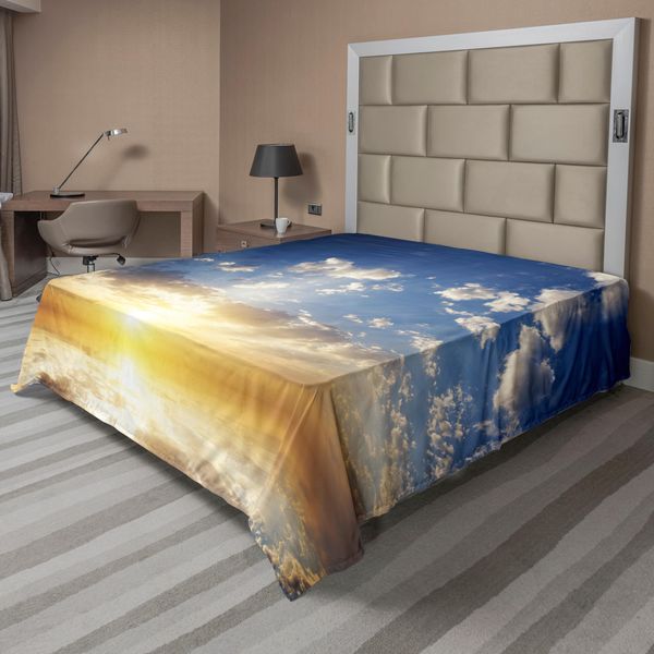 Abakuhaus Lenzuolo Mystiker, Riflesso Del Tramonto Vista Sul Lago Con Raggi Di Sole Vividi All'orizzonte Immagine, Lenzuolo Morbido E Confortevole Per Un Letto Decorativo 1 Pezzo 244 Cm X 205 Cm, Giallo Marrone Blu-image