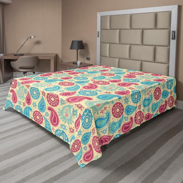 Abakuhaus Lenzuolo Paisley, Motivo Retrò E Fiori In Stile Etnico, Stampa Artistica, Lenzuolo Morbido E Confortevole Per Un Letto Decorativo, 1 Pezzo, 266 Cm X 260 Cm, Turchese, Rosa, Crema-image