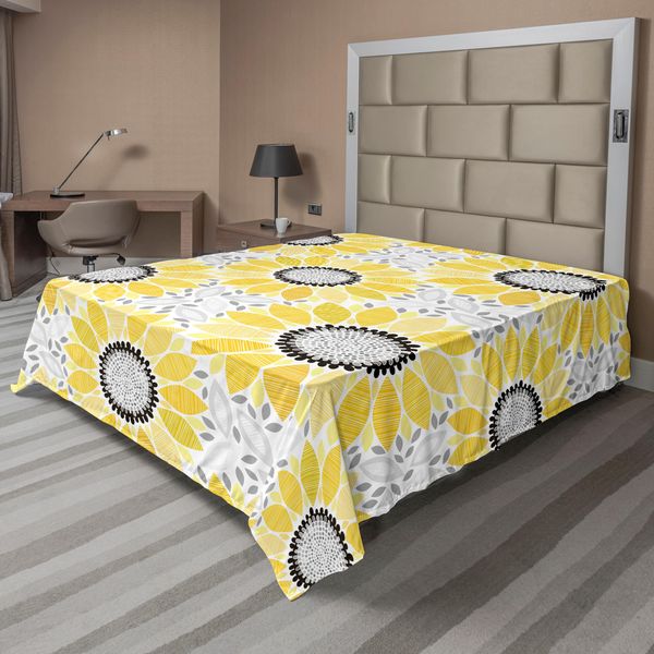 Abakuhaus Lenzuolo Giallo, Illustrazione Colorata Con Motivi E Fantasie Floreali Estivi E Naturali, Morbido E Confortevole Lenzuolo Superiore Per Un Letto Decorativo, 1 Pezzo, 244 Cm X 205 Cm, Giallo Grigio-image