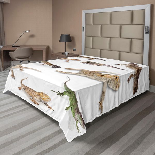 Abakuhaus Lenzuolo Con Rettili, Immagine Colorata Di Una Famiglia Di Gechi Leopardi Che Fissano Lo Sguardo, Stampa Artistica Di Vecchi Rettili, Lenzuolo Morbido E Confortevole Per Un Letto Decorativo, 1 Pezzo, 244 Cm X 205 Cm, Multicolore-image