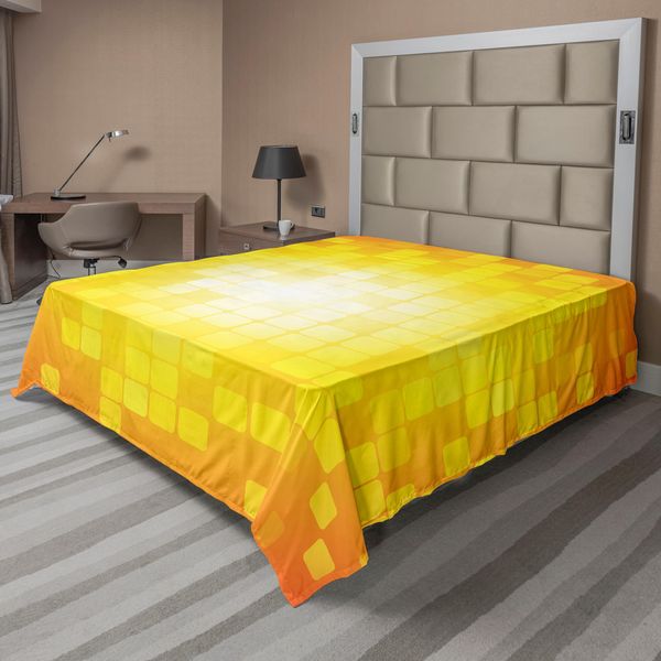 Abakuhaus Lenzuolo Giallo, Mosaico Retrò Forme Quadrate E Motivi Pixel Raggi Design Grafico Moderno, Lenzuolo Morbido E Confortevole Per Un Letto Decorativo 1 Pezzo 244 Cm X 205 Cm, Arancione Giallo-image