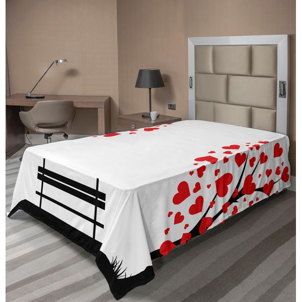 Abakuhaus Albero Della Vita Lenzuolo, Alberi A Forma Di Cuore Foglie E Una Panchina Amore Romanticismo Natura Design, Morbido E Confortevole Lenzuolo Superiore Per Un Letto Decorativo 1 Pezzo 260 Cm X 168 Cm, Nero Bianco Rosso-image