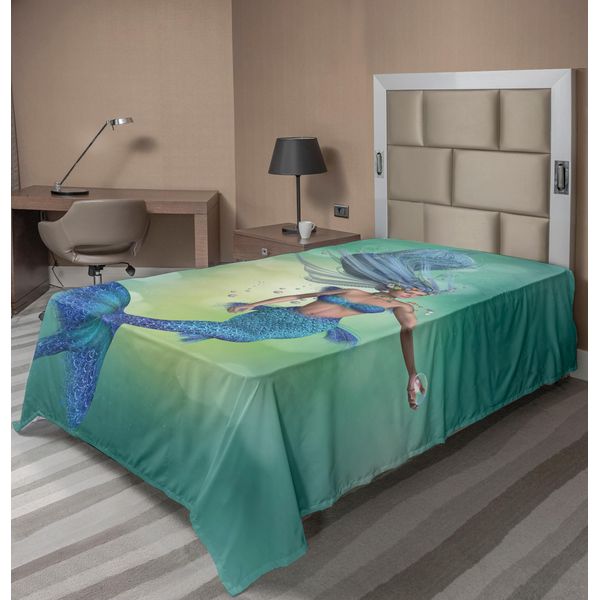 Abakuhaus Lenzuolo Subacqueo, Stampa Con Busto Di Sirena E Coda Di Pesce, Lenzuolo Superiore Morbido E Confortevole Per Un Letto Decorativo, 1 Pezzo, 190 Cm X 100 Cm, Blu Pallido Verde Acqua-image