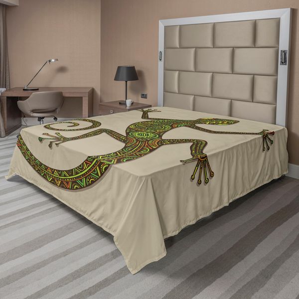 Abakuhaus Lenzuolo Reptile, Lucertola Colorata Decorativa Con Motivi Etnici, Tema Creature Esotiche, Lenzuolo Morbido E Confortevole Per Un Letto Decorativo 1 Pezzo 260 Cm X 228 Cm, Verde Tan-image