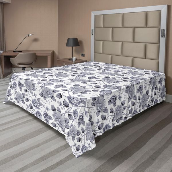 Abakuhaus Lenzuolo Grigio, Motivo Floreale Rose Di Ispirazione Vittoriana Con Fiori Scuri In Stampa Grafica Monocromatica, Lenzuolo Superiore Morbido E Confortevole Per Un Letto Decorativo 1 Pezzo 244 Cm X 205 Cm, Grigio Bianco-image