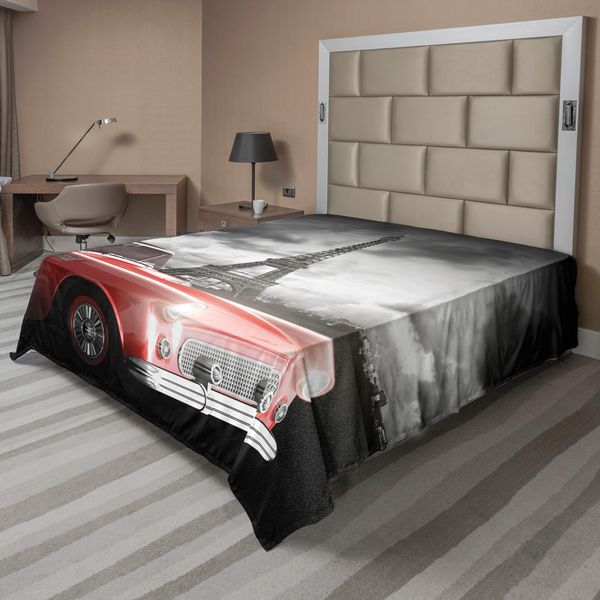 Abakuhaus Paris Lenzuolo, Stravagante Auto D'epoca Gita Eiffel In Una Fredda Giornata Tema Romantico Arte Retrò, Morbido E Confortevole Lenzuolo Superiore Per Un Letto Decorativo 1 Pezzo 260 Cm X 228 Cm, Grigio Rosso-image