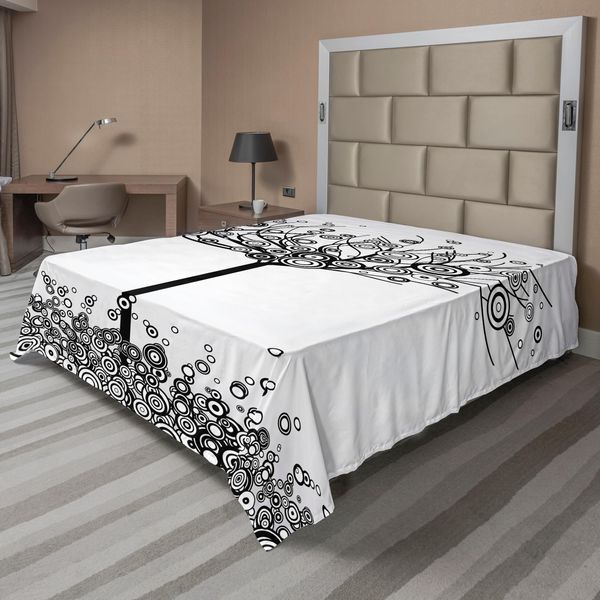 Abakuhaus Albero Della Vita Lenzuolo, Immagine Astratta Foglie Circolari Piante Rotonde Disegno A Pois, Lenzuolo Morbido E Confortevole Per Un Letto Decorativo 1 Pezzo 275 Cm X 260 Cm, Bianco Nero-image