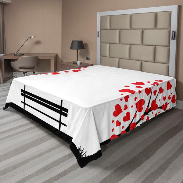 Abakuhaus Albero Della Vita Lenzuolo, Alberi A Forma Di Cuore Foglie E Una Panchina Amore Romanticismo Natura Design, Morbido E Comodo Lenzuolo Superiore Per Un Letto Decorativo 1 Pezzo 266 Cm X 260 Cm, Nero Bianco Rosso-image