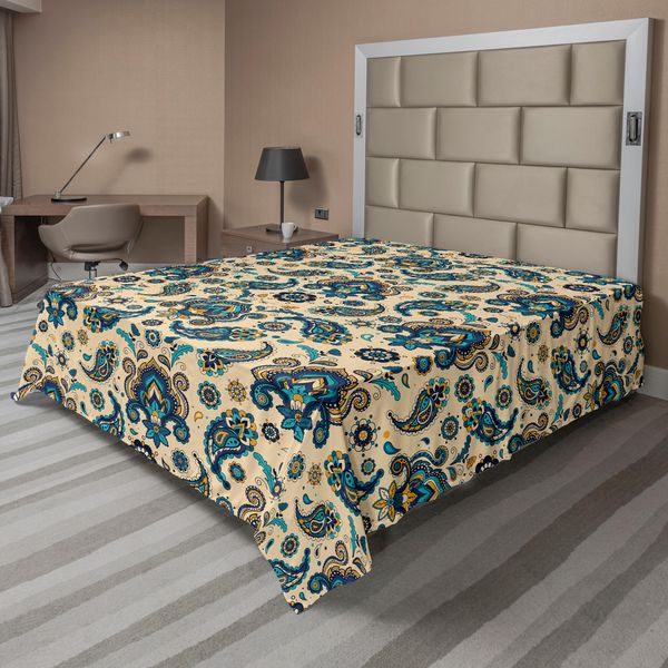 Abakuhaus Lenzuolo Paisley, Motivo Floreale Colorato Con Disegno Retrò Orientale Paisley, Lenzuolo Morbido E Confortevole Per Un Letto Decorativo 1 Pezzo 244 Cm X 205 Cm, Crema Blu Giallo-image