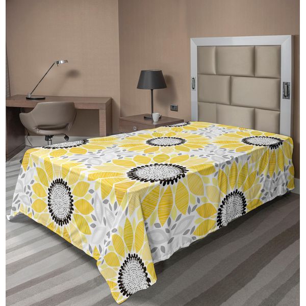 Abakuhaus Lenzuolo Giallo, Illustrazione Colorata Con Motivi E Fantasie Floreali Estivi E Naturali, Morbido E Confortevole Lenzuolo Superiore Per Un Letto Decorativo, 1 Pezzo, 190 Cm X 100 Cm, Giallo Grigio-image