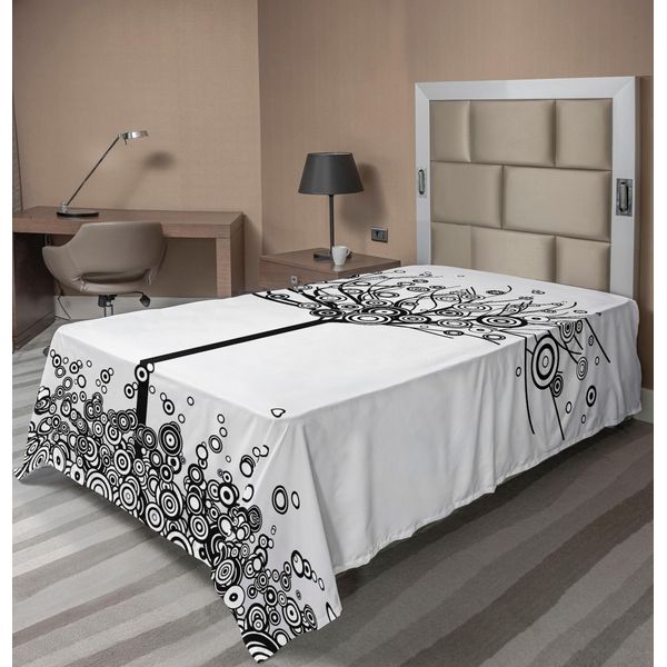 Abakuhaus Albero Della Vita Lenzuolo, Immagine Astratta Foglie Circolari Piante Rotonde Disegno Illustrativo, Morbido E Confortevole Lenzuolo Superiore Per Un Letto Decorativo 1 Pezzo 260 Cm X 168 Cm, Bianco Nero-image