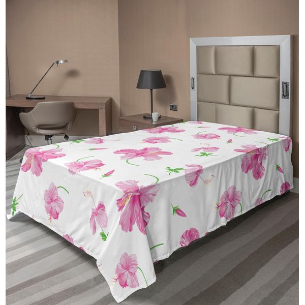 Abakuhaus Lenzuolo Con Fiori, Hibiscus Bloom Flowers Su Sfondo Semplice Con Motivo Floreale, Morbido E Confortevole Lenzuolo Superiore Per Un Letto Decorativo 1 Pezzo 260 Cm X 168 Cm, Bianco Rosa-image