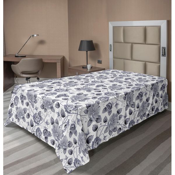 Abakuhaus Lenzuolo Grigio, Motivo Floreale Rose Di Ispirazione Vittoriana Con Fiori Scuri In Stampa Grafica Monocromatica, Lenzuolo Superiore Morbido E Confortevole Per Un Letto Decorativo 1 Pezzo 260 Cm X 168 Cm, Grigio Bianco-image