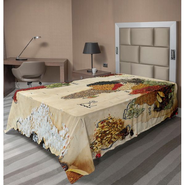 Abakuhaus Lenzuolo Con Mappa Del Mondo, Mappa Del Mondo Con Disegni Di Spezie Diverse E Simboli Grafici In Stile Boemo, Lenzuolo Morbido E Confortevole Per Un Letto Decorativo 1 Pezzo 260 Cm X 168 Cm, Multicolore-image