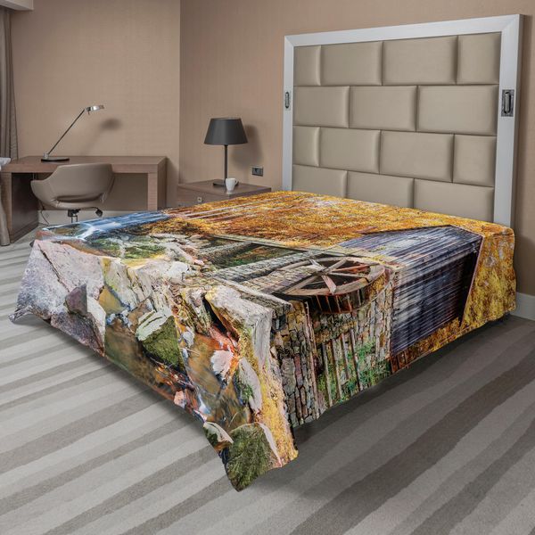 Abakuhaus Lenzuolo Con Cascata, Immagine Autunnale Di Mulino Ad Acqua Storico E Cascata Nella Natura All'aperto, Lenzuolo Morbido E Confortevole Per Un Letto Decorativo 1 Pezzo 275 Cm X 260 Cm, Giallo Marrone-image