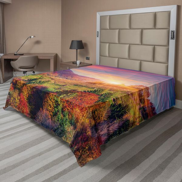 Abakuhaus Lenzuolo Naturale, Mattina Autunnale Pastorale Nel Villaggio Di Montagna Caduta Dell'albero Stampa Rurale Surreale, Lenzuolo Superiore Morbido E Confortevole Per Un Letto Decorativo 1 Pezzo 275 Cm X 260 Cm, Rosso Viola Verde-image