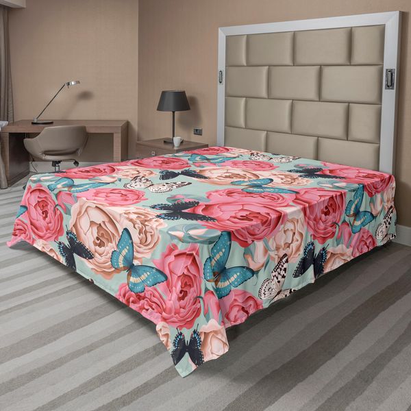Abakuhaus Lenzuolo A Farfalla, Peonia, Rose, Farfalla, Stampa Grafica Romantica, Stampa In Stile Retrò, Lenzuolo Morbido E Confortevole Per Un Letto Decorativo, 1 Pezzo, 260 Cm X 228 Cm, Multicolore-image