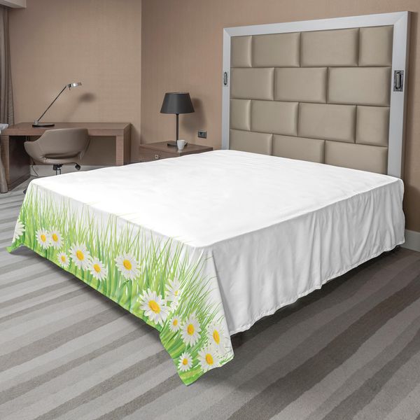 Abakuhaus Lenzuolo Con Fiori, Margherite Sull'erba Su Sfondo Semplice Stampa Floreale Moderna, Lenzuolo Superiore Morbido E Confortevole Per Un Letto Decorativo 1 Pezzo 244 Cm X 205 Cm, Verde Bianco Giallo-image