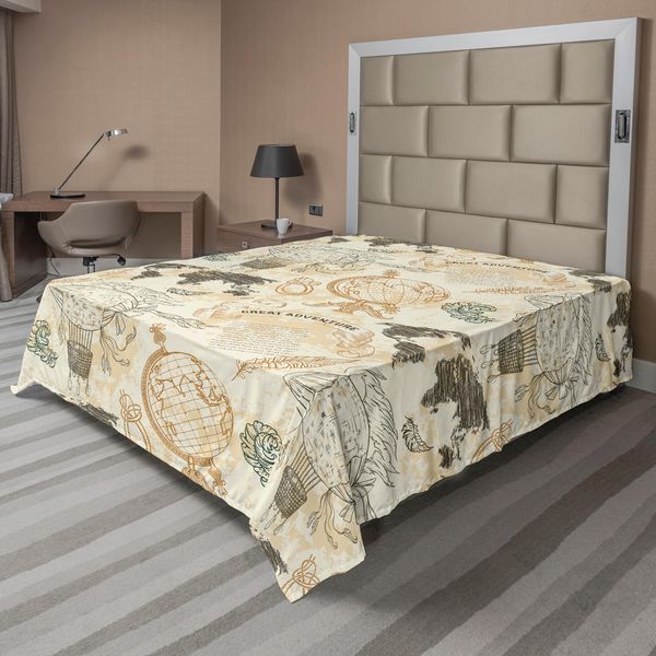 Abakuhaus Lenzuolo Con Mappa Del Mondo, Motivo Con Mappa Del Mondo Vintage, Dirigibile, Nodi Di Corda, Stampa Retrò, Lenzuolo Morbido E Confortevole Per Un Letto Decorativo, 1 Pezzo, 244 Cm X 205 Cm, Beige Verde Oliva-image