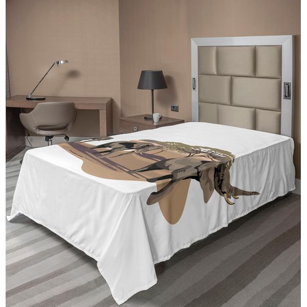 Abakuhaus Lenzuolo Con Elefanti, Grafica Africana Con Elefanti Nella Savana, Stampa Safari Selvaggio, Lenzuolo Morbido E Confortevole Per Un Letto Decorativo, 1 Pezzo, 190 Cm X 100 Cm, Bianco E Marrone-image