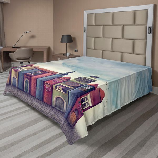 Abakuhaus Lenzuolo Fantasia, Città Con Libri Antichi, Edifici, Uccelli E Cielo Nuvoloso, Panorama Urbano Letterario, Lenzuolo Morbido E Confortevole Per Un Letto Decorativo, 1 Pezzo, 266 Cm X 260 Cm, Rosso E Blu-image