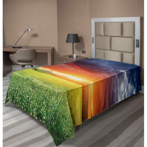 Abakuhaus Lenzuolo Naturale, Orizzonte Mistico Con Nuvole Scure E Prato Al Tramonto, Lenzuolo Morbido E Confortevole Per Un Letto Decorativo, 1 Pezzo, 190 Cm X 100 Cm, Multicolore-image
