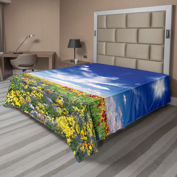 Abakuhaus Lenzuolo Con Fiori, Prato Fiorito E Cielo Nuvoloso Natura Vivid Sun Springtime Stampa Artistica, Lenzuolo Morbido E Confortevole Per Un Letto Decorativo 1 Pezzo 260 Cm X 228 Cm, Multicolore-image