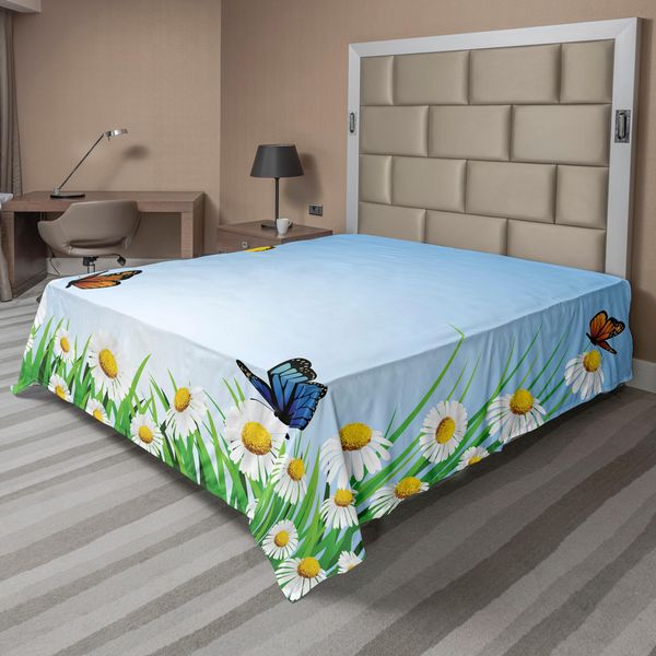 Abakuhaus Lenzuolo Con Farfalle, Margherite Con Farfalle, Cielo Panoramico, Camomilla, Natura, Felicità, Arte, Lenzuolo Morbido E Confortevole Per Un Letto Decorativo, 1 Pezzo, 266 Cm X 260 Cm, Multicolore-image