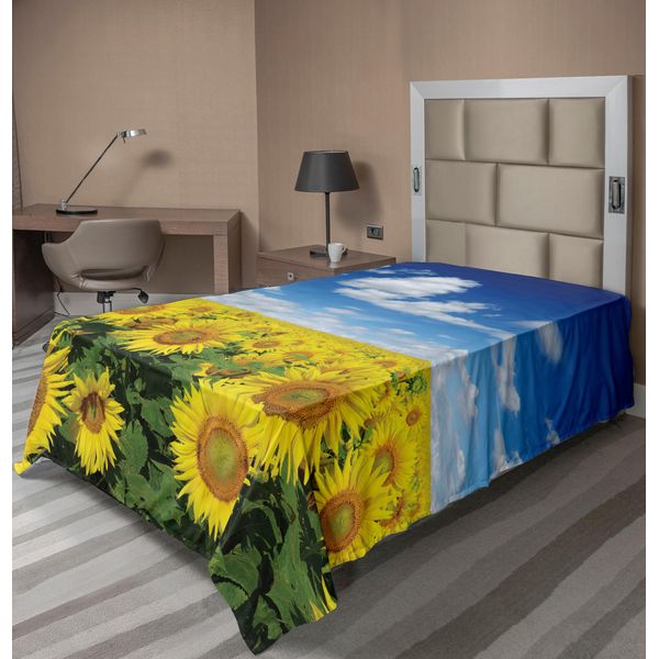 Abakuhaus Lenzuolo Con Motivo Girasoli, Campo Di Girasoli Fresco Sotto Un Cielo Limpido E Nuvoloso, Immagine Di Fattoria, Lenzuolo Morbido E Confortevole Per Un Letto Decorativo, 1 Pezzo, 190 Cm X 100 Cm, Verde, Blu, Giallo-image