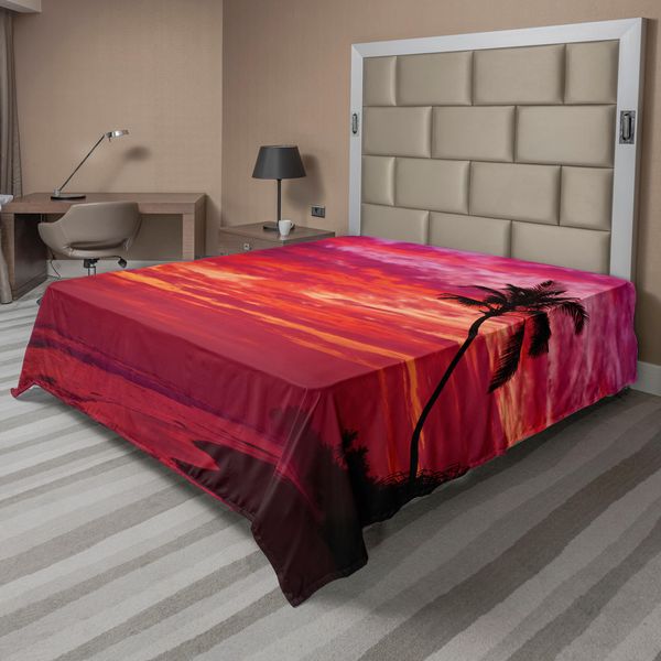 Abakuhaus Lenzuolo Ocean, Tramonto Vista Da Spiaggia Tropicale Silhouette Palma Sulla Riva Stampa Artistica, Morbido E Confortevole Lenzuolo Superiore Per Un Letto Decorativo 1 Pezzo 244 Cm X 205 Cm, Rosso-image
