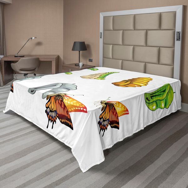 Abakuhaus Lenzuolo Con Farfalle, Fasi Del Ciclo Vitale Delle Farfalle Nella Natura, Stampa Artistica, Lenzuolo Morbido E Confortevole Per Un Letto Decorativo, 1 Pezzo, 244 Cm X 205 Cm, Multicolore-image