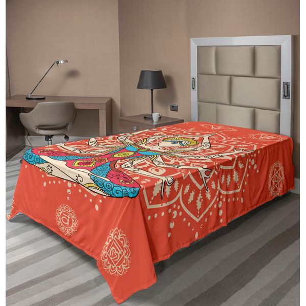 Abakuhaus Lenzuolo Da Yoga, Tecnica Yoga Con Costume Etnico Disciplina Zen Corpo Mente Ornamenti Motivi, Lenzuolo Morbido E Confortevole Per Un Letto Decorativo 1 Pezzo 260 Cm X 168 Cm, Crema Rosso Verde Acqua-image