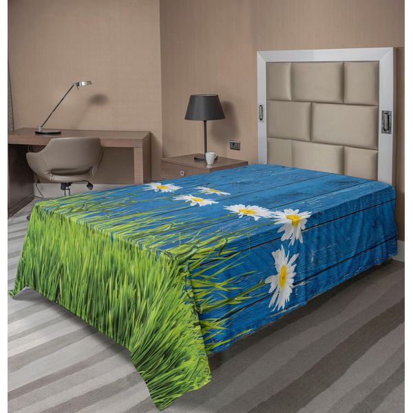 Abakuhaus Lenzuolo Con Fiori, Erba Fresca Primaverile E Margherite Su Recinzione, Stampa Vintage Estiva, Lenzuolo Morbido E Confortevole Per Un Letto Decorativo, 1 Pezzo, 190 Cm X 100 Cm, Verde, Bianco, Blu-image