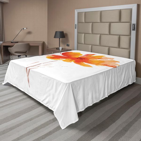 Abakuhaus Lenzuolo Con Fiori Acquerellati, Singoli Fiori Di Papavero Su Sfondo Chiaro Semplice, Stampa Naturale, Lenzuolo Morbido E Confortevole Per Un Letto Decorativo, 1 Pezzo, 260 Cm X 228 Cm, Arancione E Bianco-image