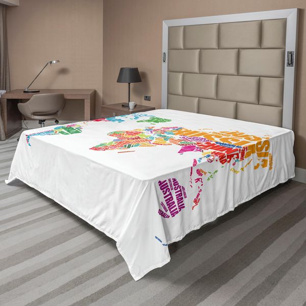 Abakuhaus Lenzuolo Con Mappa Del Mondo, Mappa Del Mondo Con I Nomi Dei Paesi Europa America Africa Asia Stile Grafico, Lenzuolo Morbido E Confortevole Per Un Letto Decorativo 1 Pezzo 244 Cm X 205 Cm, Multicolore-image