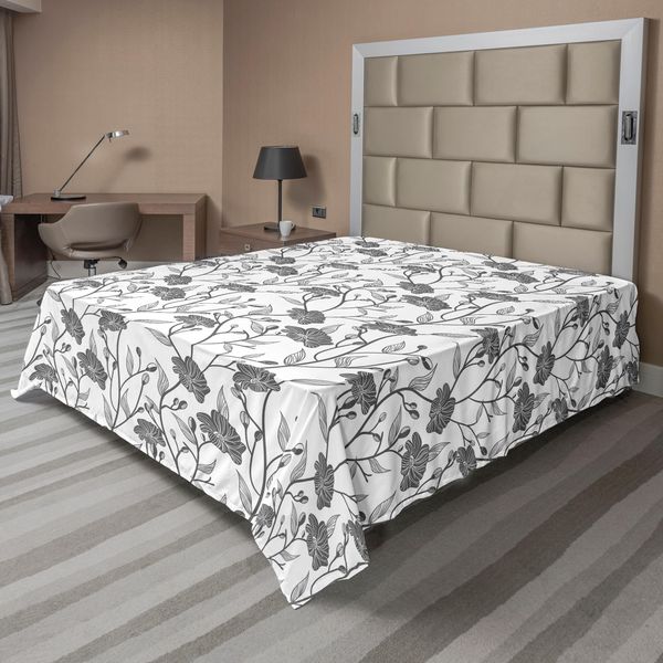 Abakuhaus Lenzuolo Grigio, Grafica Moderna Con Fiori E Rami Con Motivi Semplici E Puri, Stampa Artistica Boho, Lenzuolo Morbido E Confortevole Per Un Letto Decorativo, 1 Pezzo, 275 Cm X 260 Cm, Grigio Bianco-image