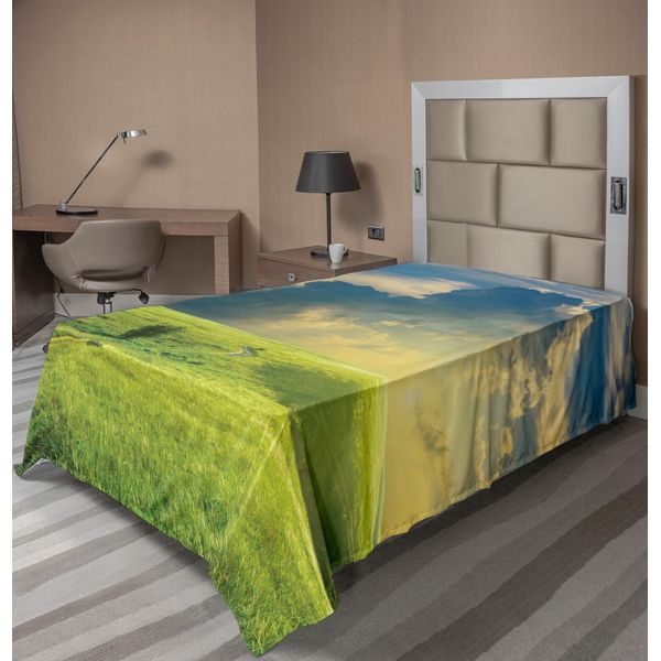 Abakuhaus Lenzuolo Naturale, Paesaggio Estivo Con Erba, Nuvole E Campagna, Stampa Innovativa, Lenzuolo Morbido E Confortevole Per Un Letto Decorativo, 1 Pezzo, 260 Cm X 168 Cm, Blu Verde-image