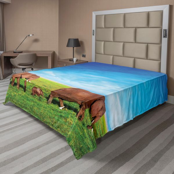 Abakuhaus Lenzuolo Con Elefanti, Famiglia Di Elefanti, Stampa Con Elefanti Nella Savana Africana, Lenzuolo Morbido E Confortevole Per Un Letto Decorativo, 1 Pezzo, 244 Cm X 205 Cm, Verde, Marrone, Blu-image