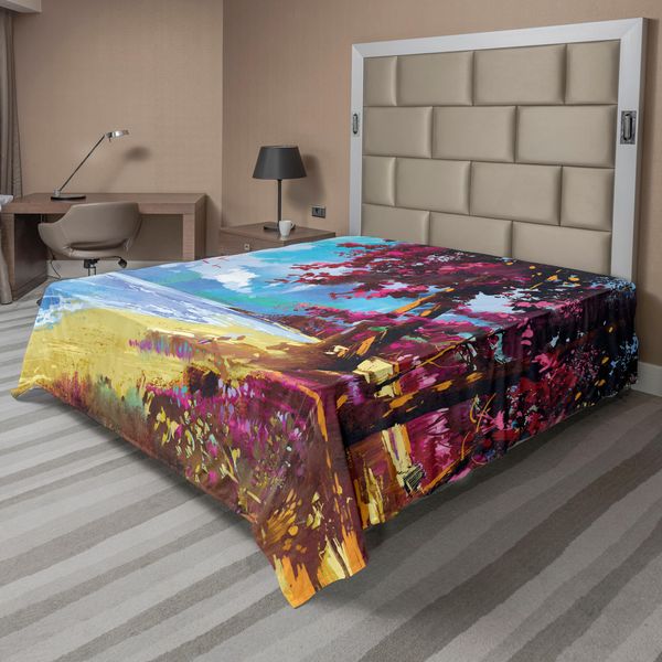 Abakuhaus Lenzuolo SeestüCk, Con Fiori Colorati, Alberi, Sabbia Dorata, Spiaggia, Paesaggio Marino, Stampa Estiva, Lenzuolo Morbido E Confortevole Per Un Letto Decorativo, 1 Pezzo, 260 Cm X 228 Cm, Blu, Rosa, Crema-image