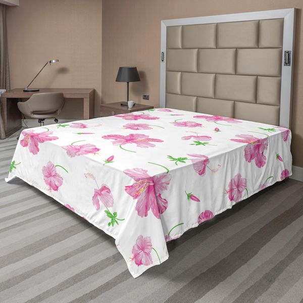 Abakuhaus Lenzuolo Con Fiori, Hibiscus Bloom Flowers Su Sfondo Semplice Con Motivo Floreale, Morbido E Confortevole Lenzuolo Superiore Per Un Letto Decorativo 1 Pezzo 266 Cm X 260 Cm, Bianco Rosa-image